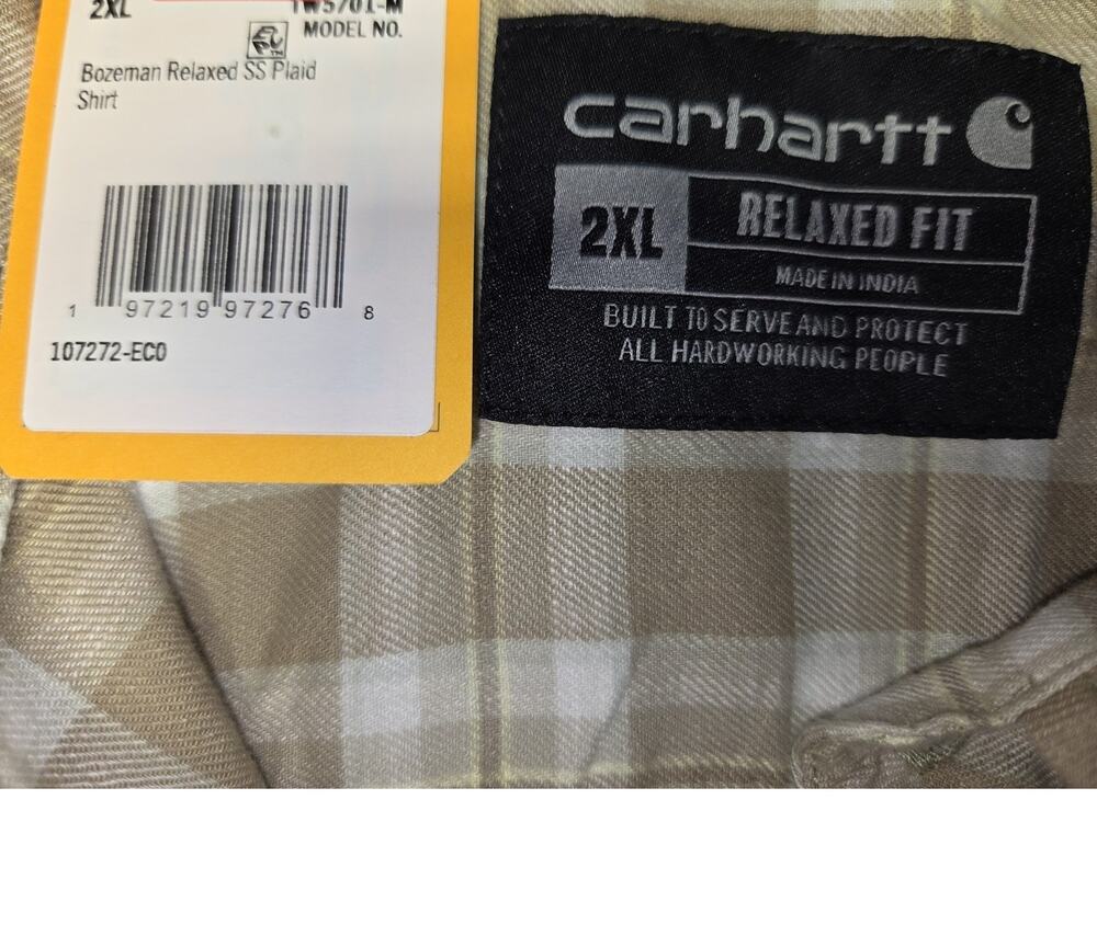 Carhartt Men Bozeman Relaxed Short Sleeve Plaid Shirt Beige 2XL